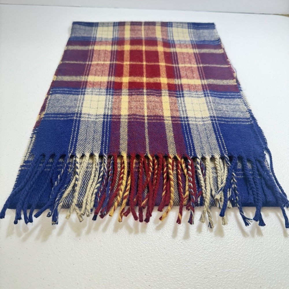 Cejon Scarf Made In Italy Colorful Blues White‎ Plaid With Fringe Soft 11.5x68